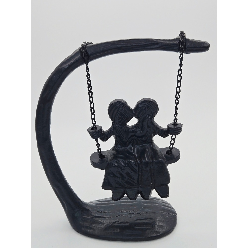 Kissing Couple on Swing Iron Figurine Black Metal Romantic Sculpture 7 inch